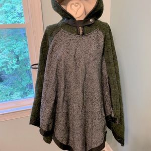 Rag & Bone Wool Jacket Coat Black Green Leather Trimmed Poncho Women’s Size M